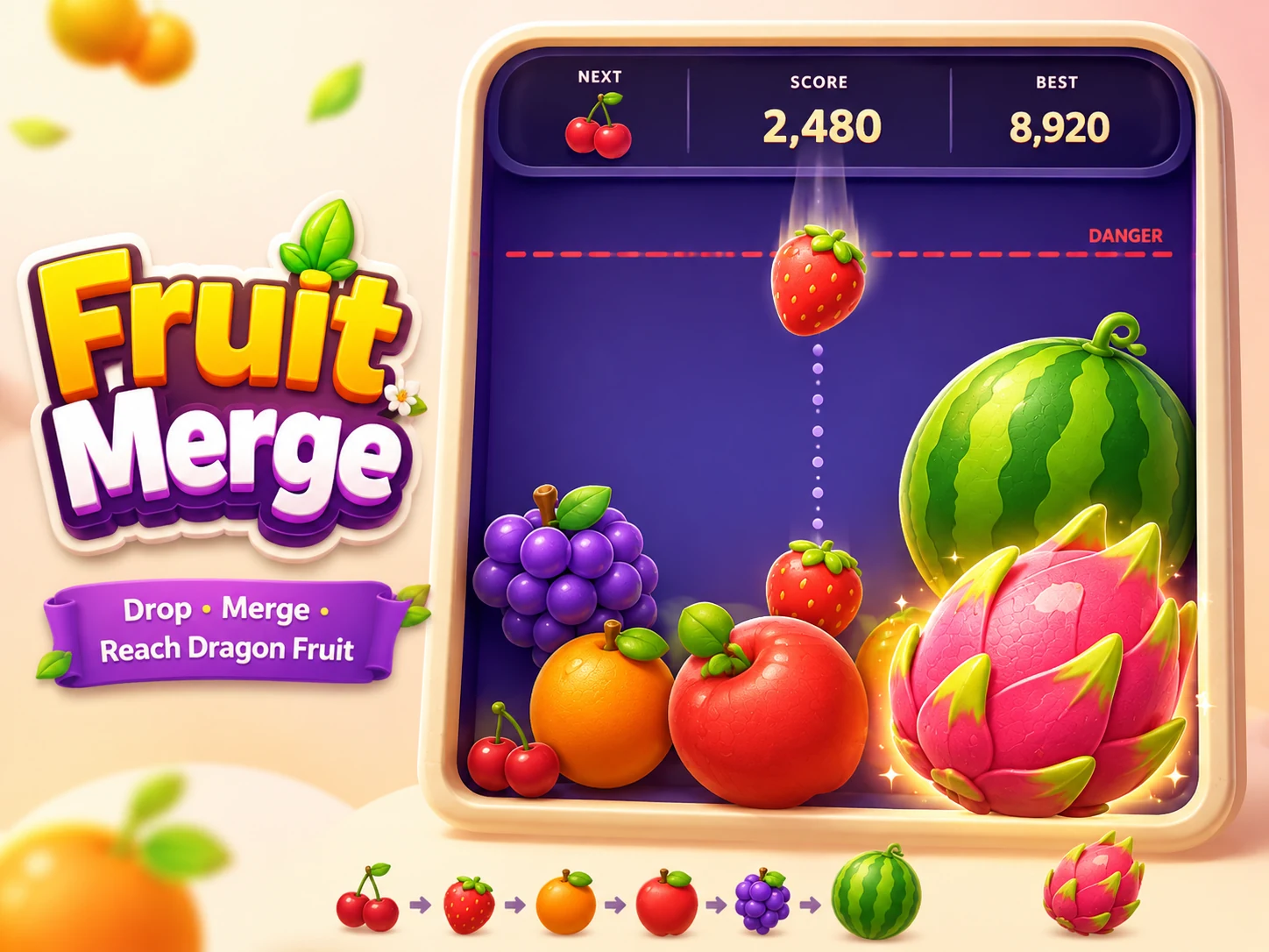 Fruit Merge game preview with fruit evolution and Dragon Fruit