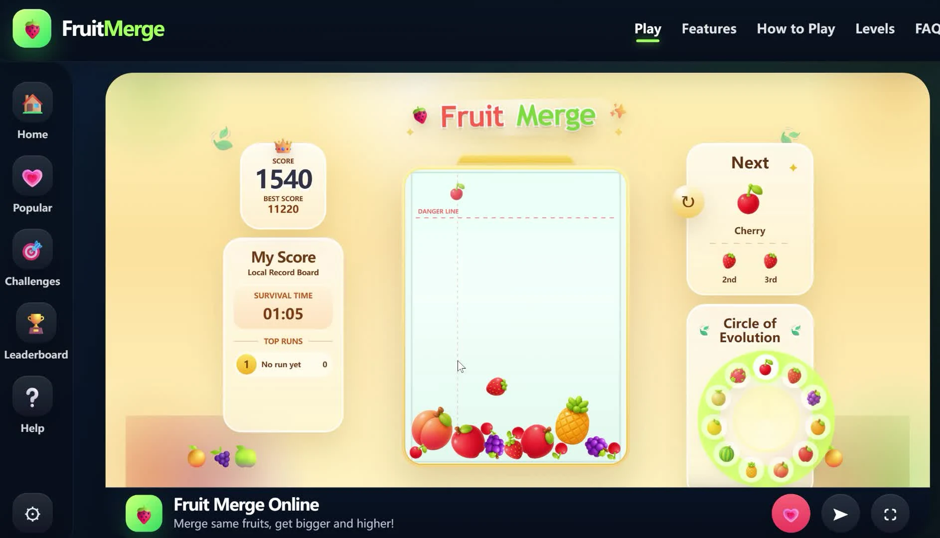 Fruit Merge Online desktop game showing the score, drop guide, danger line, next fruit panel, and fruit evolution circle