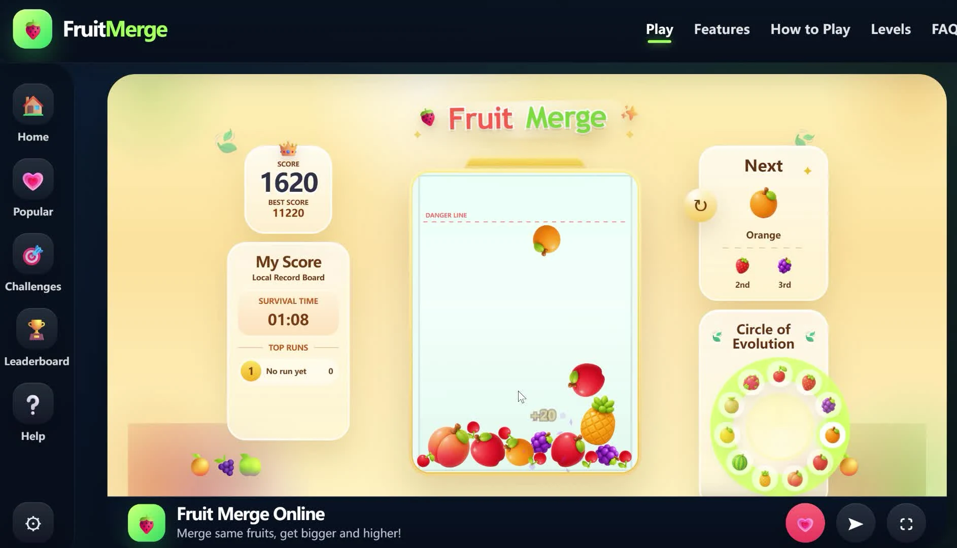 Fruit Merge desktop gameplay showing a plus twenty score popup after a successful merge