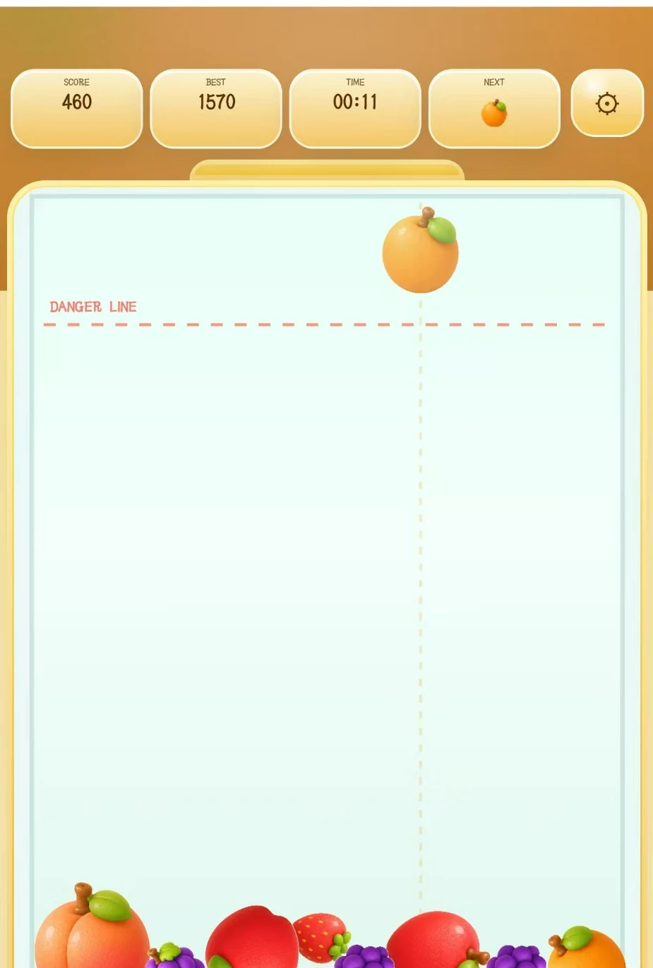 Mobile Fruit Merge gameplay showing score, best score, time, next fruit, settings button, danger line, and tap drop guide