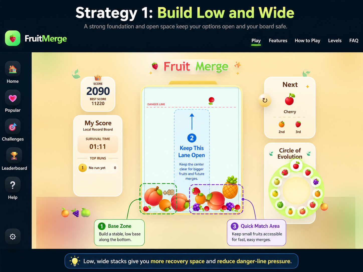 Annotated Fruit Merge strategy board showing side bases, an open center lane, and accessible matching fruit