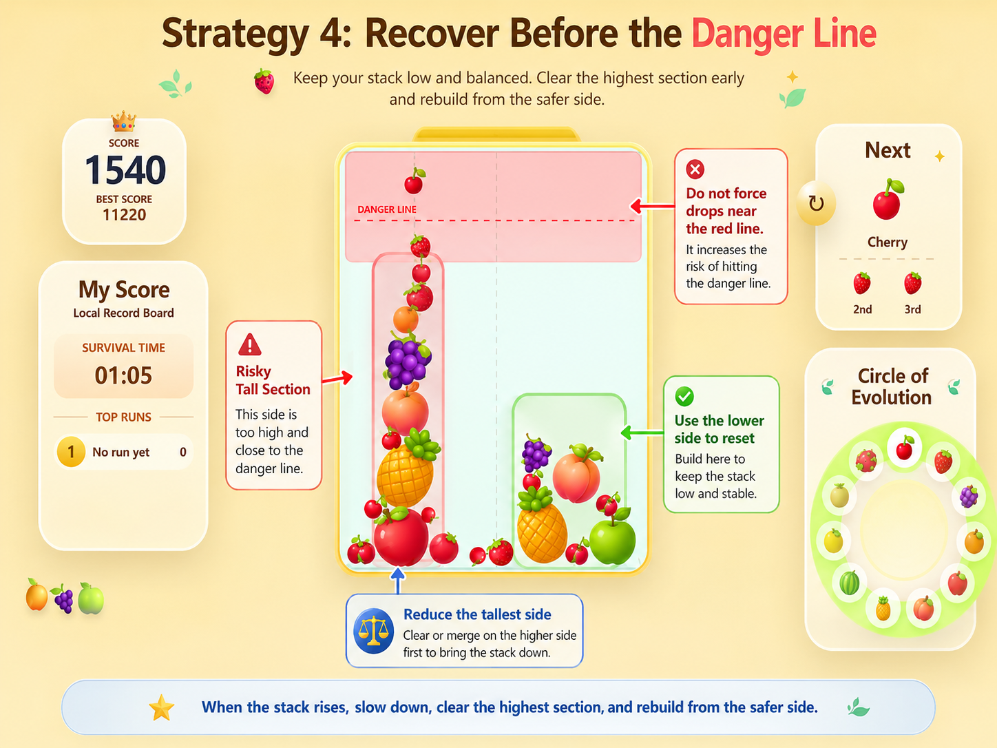 Annotated mobile Fruit Merge strategy image showing the danger zone and two recovery choices